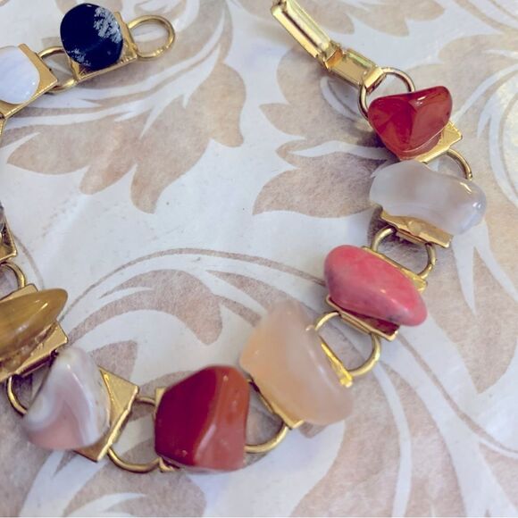 Natural Stones on Gold Tone Bracelet 7” - Picture 3 of 4